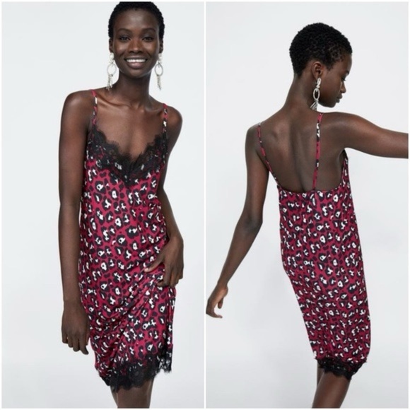 Zara Basic Leopard Cheetah Print Red and Black Nightgown Slip Dress Lace S - Picture 11 of 12